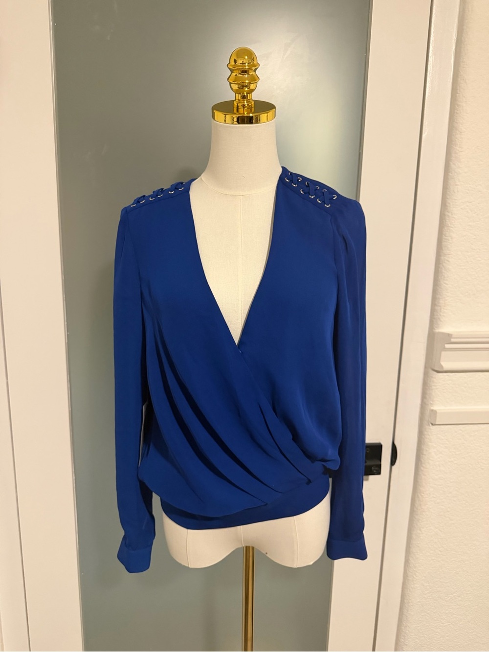 bebe Cobalt Blue Wrap-Front Long-Sleeve Blouse
